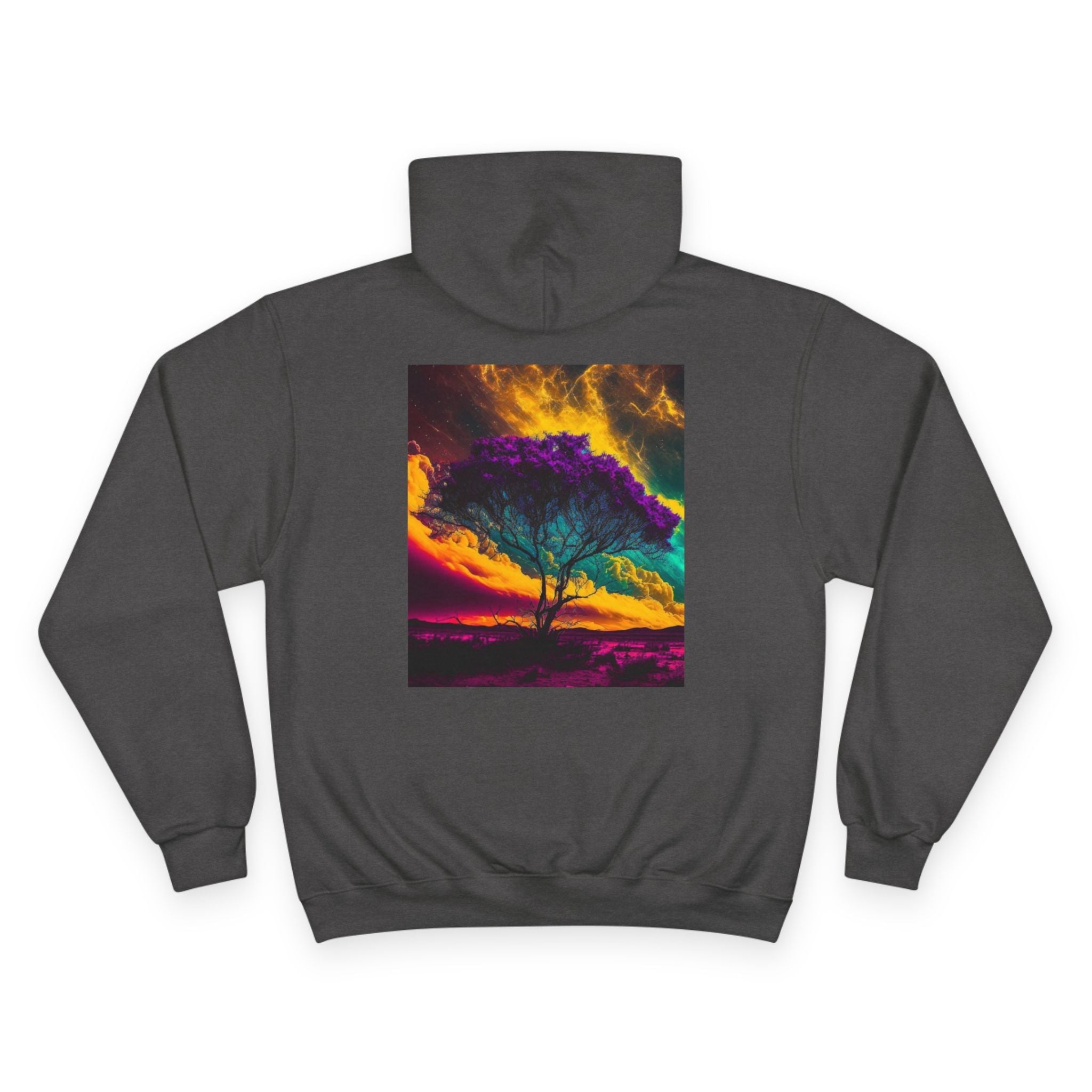 Surreal Rainbow Tree Hoodie | Vibrant Sunset Landscape, Black Pullover - Aspire Clothing