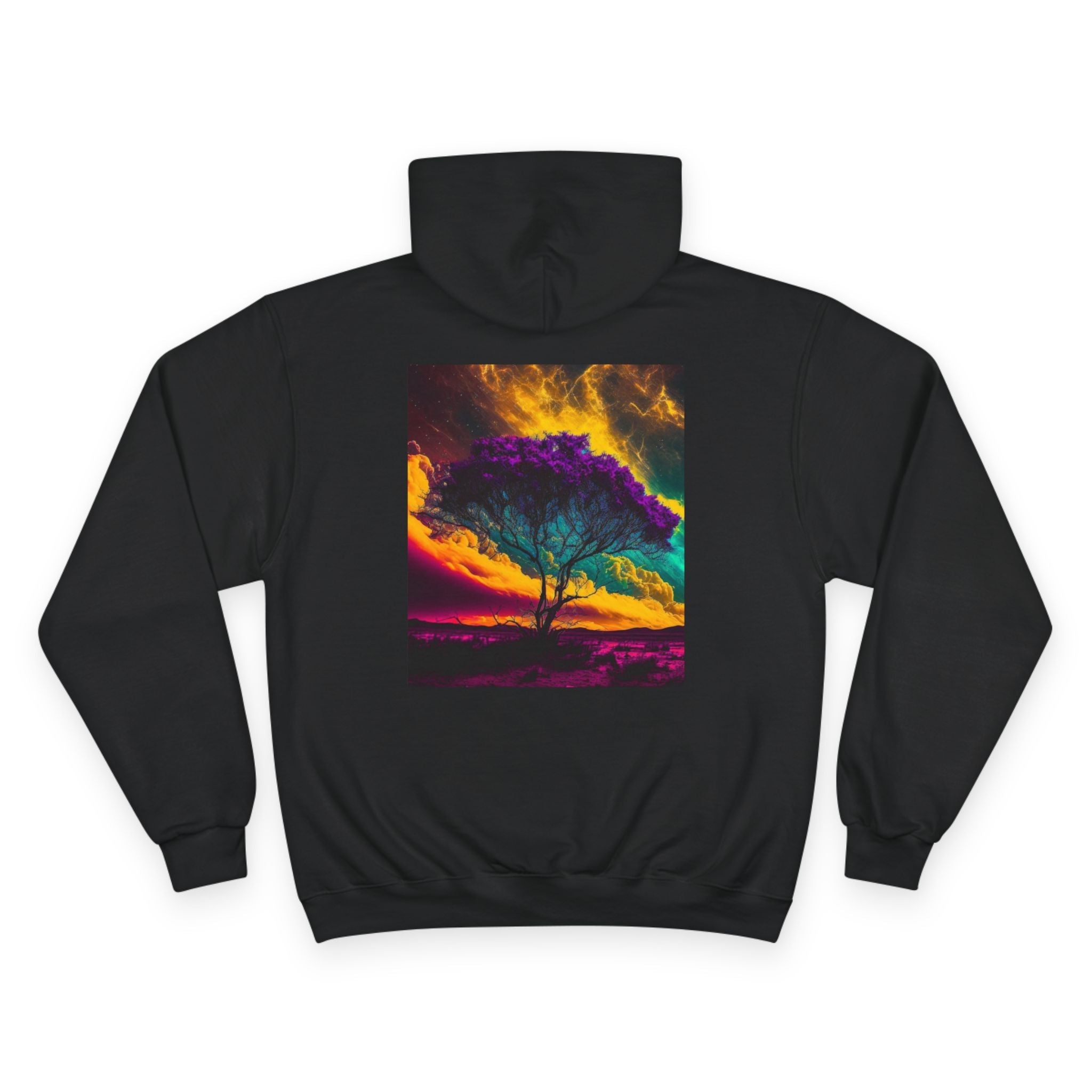 Surreal Rainbow Tree Hoodie | Vibrant Sunset Landscape, Black Pullover - Aspire Clothing